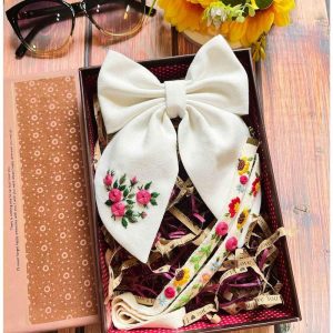Custom Hand Embroidered Hair Bow, Custom Name Eyeglass Strap, Floral Bow Barrette, Handmade Linen Hair Clip, Hair Accessories for Women