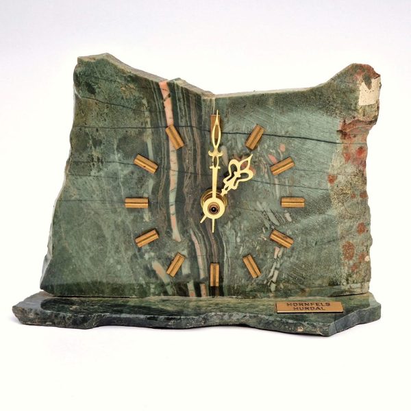 Green Stone Desk Clock From Hurdal Norway, Handmade Hornfels Rock Clock With Golden Details, Unique Rustic Home Office Decor