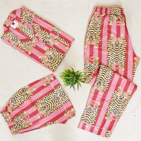 Indian PJ Set, 100% Cotton Tiger Print Pajama Set, Women’s Pajamas Set Night Wear, Bridesmaid Pajama Set, Cotton Pants Shirt 4 Pcs Sets
