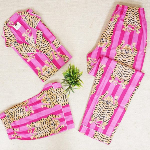 Tiger Print Pajamas, Bridesmaid Pajama Set, Women’s Pajamas Set Cotton Pants Shirt sets, Summer Dress, Lounge Night Wear, Pajamas 4 Pcs Set