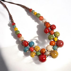 Colorful Handmade Ceramic Necklace | Boho Multilayer Adjustable Necklace |Statement Accessory for Women | Gift for Her