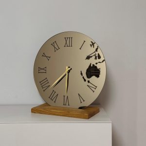 Modern LED Mirror Clock with Wooden Stand, Roman Numerals Clock, USB Powered, Stylish Tabletop Decor, Minimalist Desk Clock, Wedding Gift