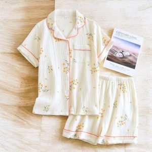 Cute Two Piece Pyjama Set For Women, Sleepwear With Short Sleeves Shirt, Summer Style Shorts, Floral Print Cotton Pyjama Set, Gift For Her