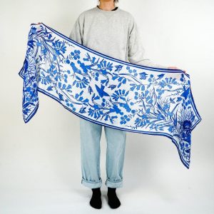 Cobalt Blue Floral Scarf – Book Inspired – Soft Cotton Blend | Blue and White | Cute Bird Design | Booklover Gift | All Season Scarf