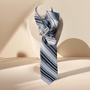 Elegant  Necktie Necklace  for Women – Handmade Bow Tie Accessory with Heart Brooch Pin in Gray – Perfect gift for Mom – Skinny scarf