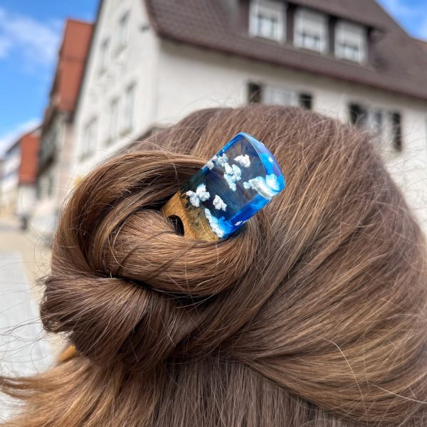 Sky Hair Stick, Wooden Hair Fork, Cloud Resin Hairpin, Handmade Bun Holder, Oak Hair Accessory, Personalized Engraved Gift for Women
