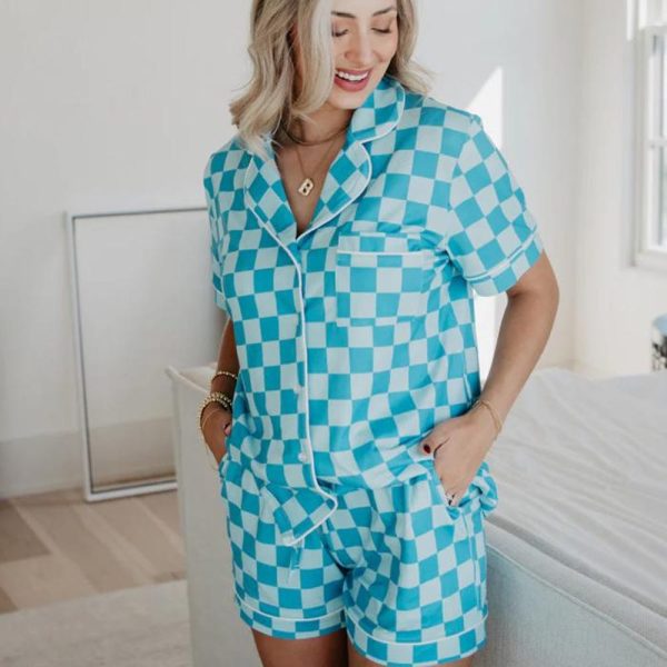 Cute Blue Checkered Silk Pajamas Set – Button Up Short Sleepwear for Cozy Nights
