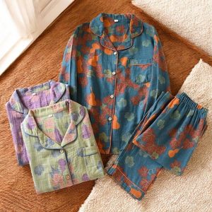 Simple Two Piece Cotton Pyjama Set, Loose Pants Long Sleeves Collared Shirt, Matching Floral Print Pyjamas, Summer Loungewear, Gift For Her