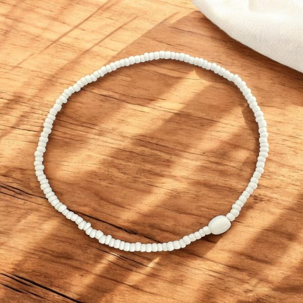 White Tiny Seed Bead Stretch Anklet – Handmade Jewellery, Bohemian Style, Bead Surf Anklet, Dainty Beaded Accessory for Women