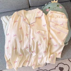 2025 Spring Autumn Women’s Pajamas Set Cute Long Sleeve Crepe Sleepwear Ladies Casual Cardigan Pijamas Student Homewear Clothing