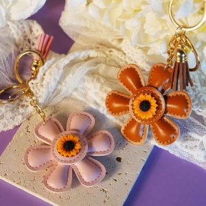 Handmade Genuine Leather Flower Bag Charm – Keychain, Purse Accessory, Cute Gift for Women, Bridesmaid Favor