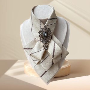 Elegant Necktie Necklace for Women – Handmade Bow tie accessory with Antique Pin in Beige – Perfect Gift for Business Woman – Skinny scarf