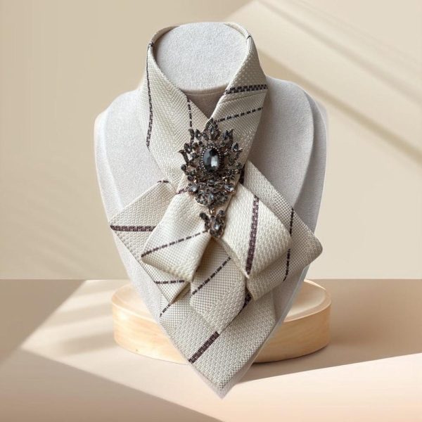 Elegant Necktie Necklace for Women – Handmade Bow tie accessory with Antique Pin in Beige – Perfect Gift for Business Woman – Skinny scarf