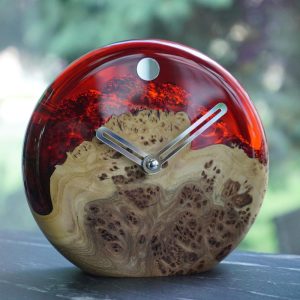 Red Epoxy Resin Wood Desk Clock – Unique Handmade Live Edge Clock – Modern Rustic Wooden Clock – One of a Kind Gift for Him or Her