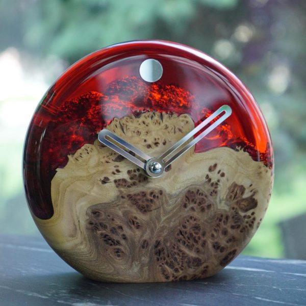 Red Epoxy Resin Wood Desk Clock – Unique Handmade Live Edge Clock – Modern Rustic Wooden Clock – One of a Kind Gift for Him or Her