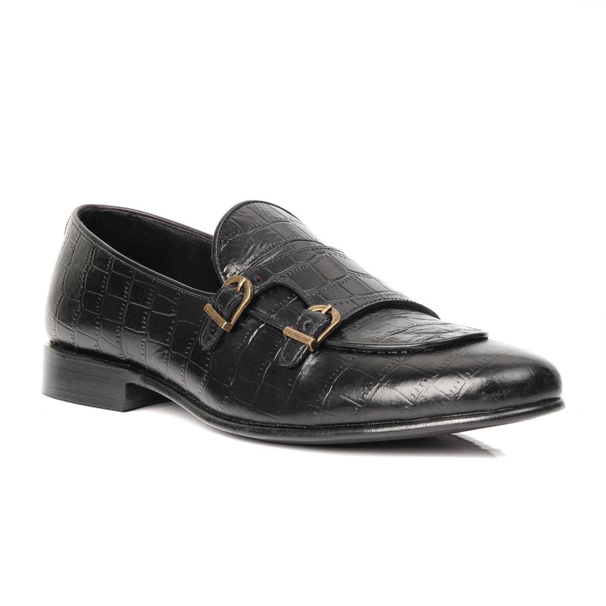 Black Croc Embossed Double Monk Loafers Bella Tread