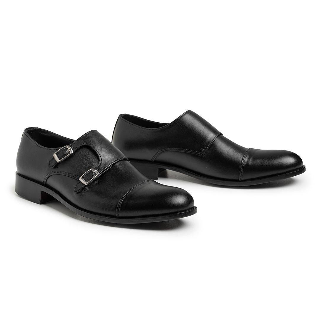 Men's Black Double Monk Strap Shoes Captoe Leather